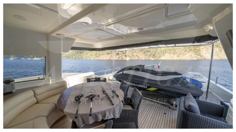  Yacht Photos Pics Luxurious 2008 Ferretti Yachts Customline Navetta 26 deck with seating, table, and jet ski.