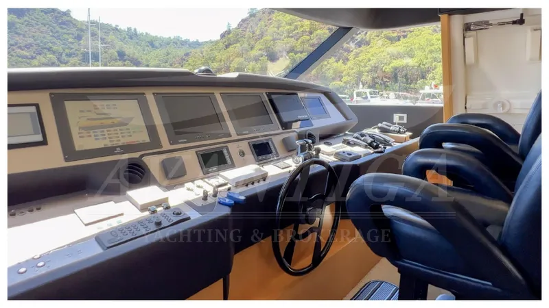  Yacht Photos Pics Cockpit of 2008 Ferretti Yachts Customline Navetta 26 with navigation equipment and steering wheel.