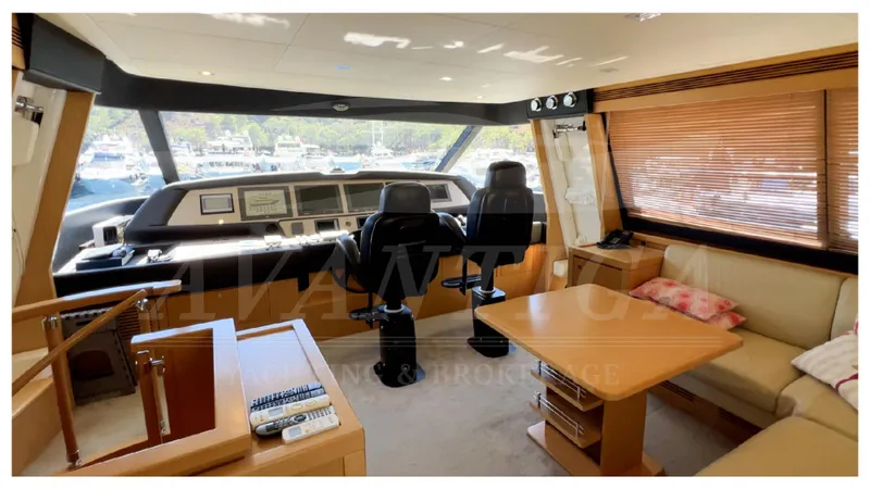  Yacht Photos Pics Interior of 2008 Ferretti Yachts Customline Navetta 26, featuring helm and seating area.