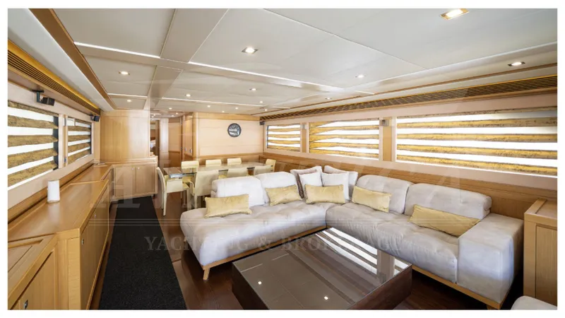  Yacht Photos Pics Luxurious interior of 2008 Ferretti Yachts Customline Navetta 26 with elegant seating and dining area.