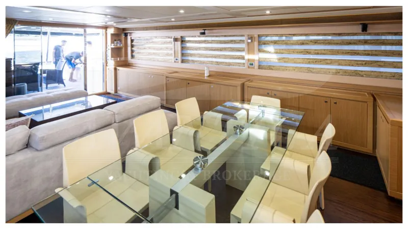  Yacht Photos Pics Luxurious interior of 2008 Ferretti Yachts Customline Navetta 26 with elegant dining area.