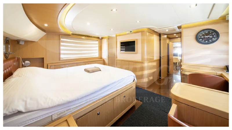  Yacht Photos Pics Luxurious bedroom interior of 2008 Ferretti Yachts Customline Navetta 26 with modern design.