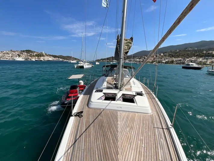Starla Yacht Photos Pics Sailing yacht Hanse 445 (2012) on turquoise waters, with scenic coastal backdrop.