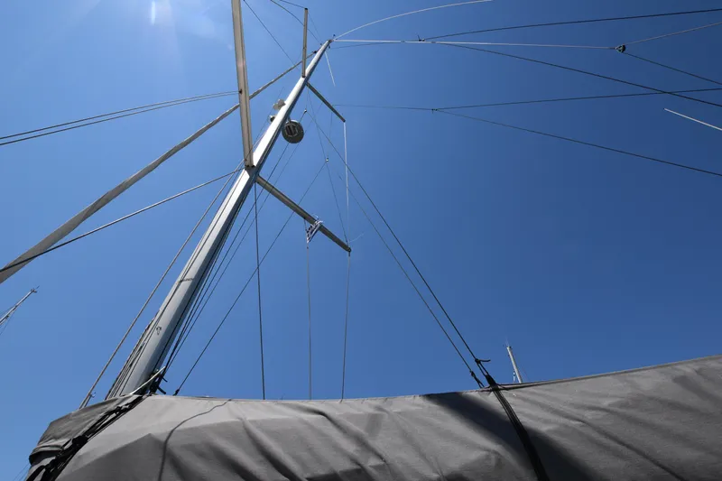 Starla Yacht Photos Pics Sailboat mast and rigging against clear blue sky, Hanse 445, 2012 model.