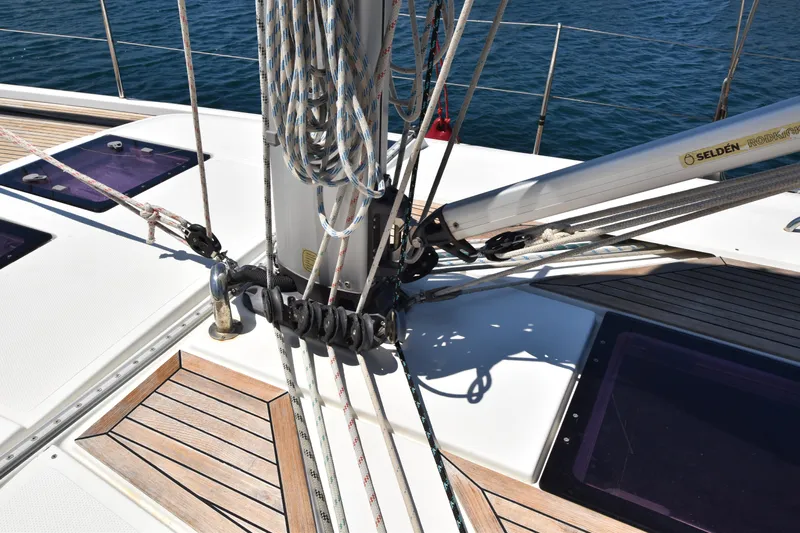 Starla Yacht Photos Pics Deck of 2012 Hanse 445 sailboat with rigging and teak accents.