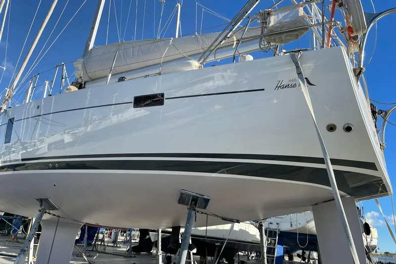 Starla Yacht Photos Pics 2012 Hanse 445 sailboat on dry dock, showcasing sleek design and modern rigging.