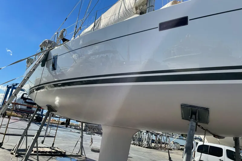 Starla Yacht Photos Pics 2012 Hanse 445 sailing yacht on dry dock, showcasing sleek hull design.