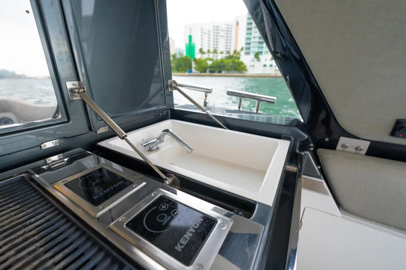 Azul Yacht Photos Pics Luxury Azimut Verve 47 yacht kitchen area with sink and stove, 2021 model.