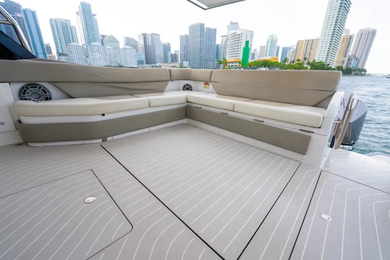 Azul Yacht Photos Pics 2021 Azimut Verve 47 yacht deck with city skyline in the background.