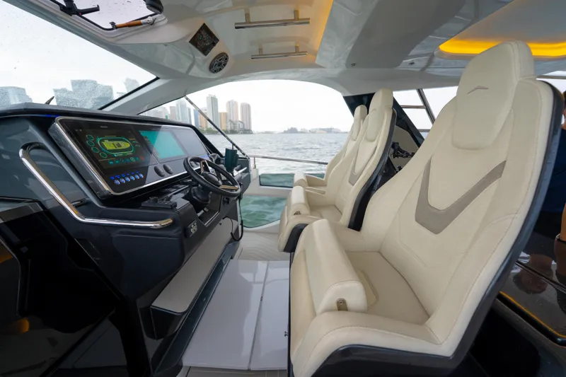 Azul Yacht Photos Pics Interior of 2021 Azimut Verve 47 yacht with modern helm and luxurious seating.