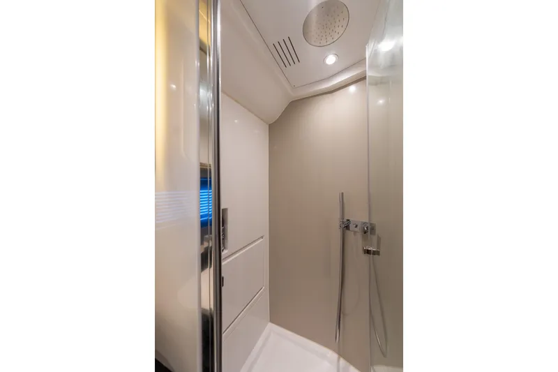 Azul Yacht Photos Pics Modern shower area in 2021 Azimut Verve 47 yacht, featuring sleek design and fixtures.