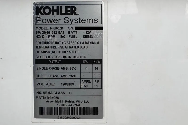 Azul Yacht Photos Pics Label of Kohler Power Systems generator, model 14 EKOZD, diesel, 120/240V, 14 kW output.
