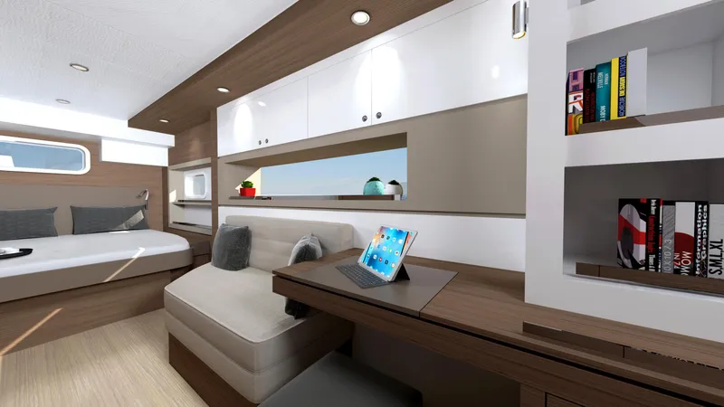  Yacht Photos Pics Luxurious interior of 2025 Bali 4.4 yacht with modern furnishings and tablet on desk.