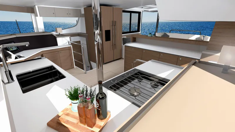  Yacht Photos Pics Luxurious Bali 4.4 yacht kitchen interior with ocean view, featuring modern appliances and sleek design.