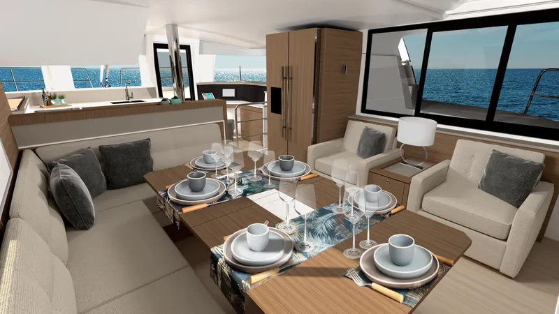  Yacht Photos Pics Luxurious Bali 4.4 yacht interior, 2025 model, featuring elegant dining area with ocean view.