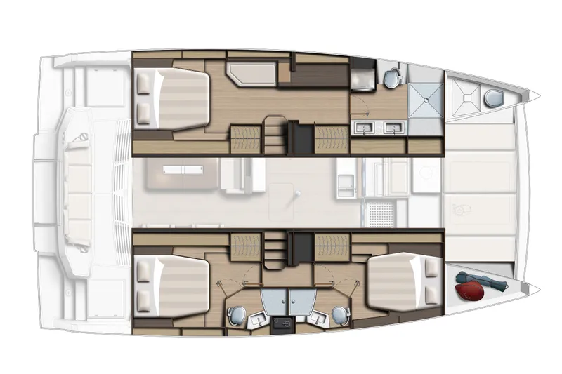  Yacht Photos Pics Floor plan of Bali 4.4 catamaran, 2025 model, featuring cabins and amenities.
