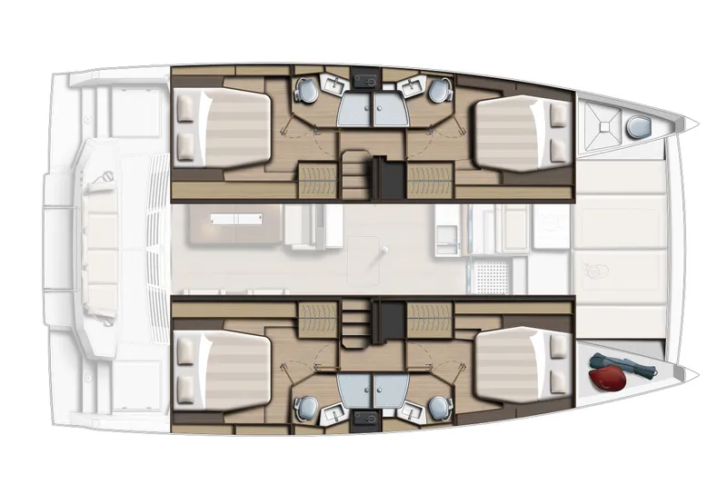  Yacht Photos Pics Floor plan of Bali 4.4 catamaran, 2025 model, showing cabins and layout.