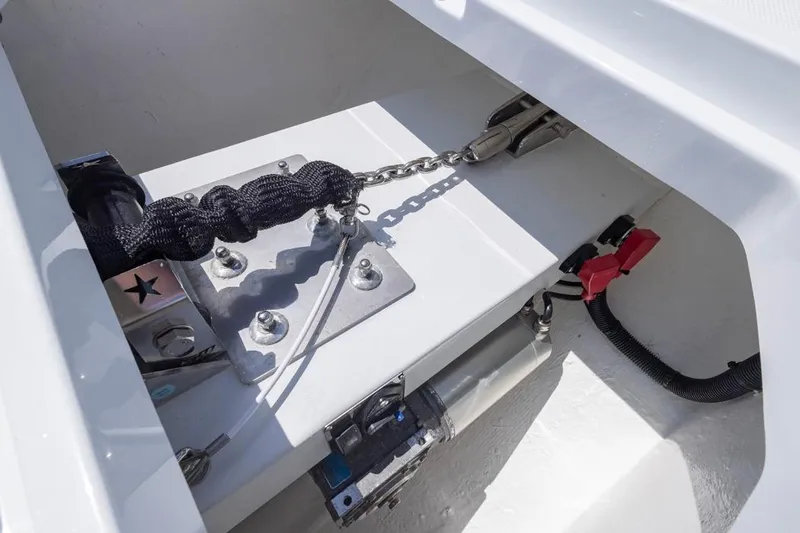  Yacht Photos Pics Anchor compartment of 2026 Invincible 36 Catamaran with chain and securing mechanism.
