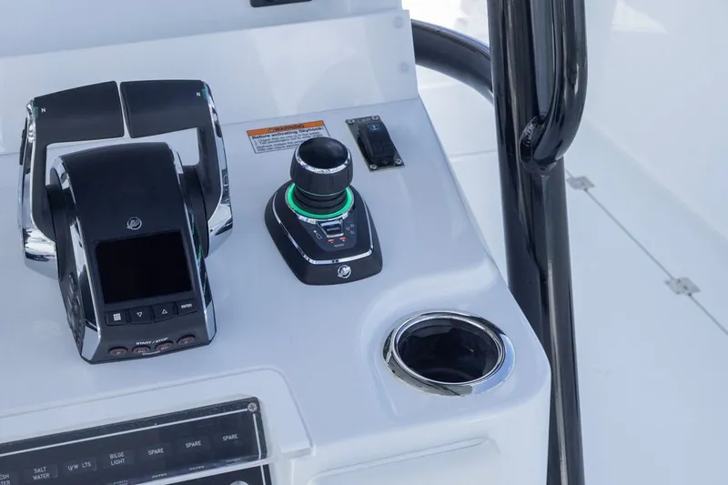  Yacht Photos Pics Control panel of 2026 Invincible 36 Catamaran with joystick and throttle controls.