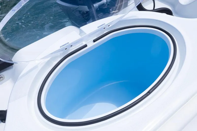  Yacht Photos Pics Open hatch on 2026 Invincible 36 Catamaran, showcasing interior storage space.