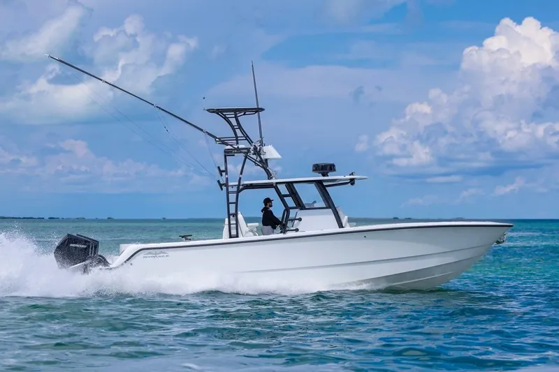  Yacht Photos Pics 2026 Invincible 36 Catamaran cruising on open water under a clear blue sky.