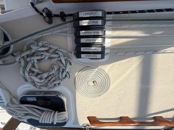 Dawn Treader Yacht Photos Pics Sailing ropes and cleats on a 2005 Tartan 3700 Keel/Centerboard deck.