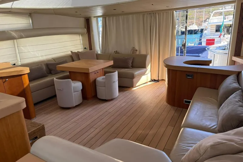  Yacht Photos Pics Luxurious interior of 2006 Sunseeker Predator 82 yacht with elegant seating and wooden flooring.