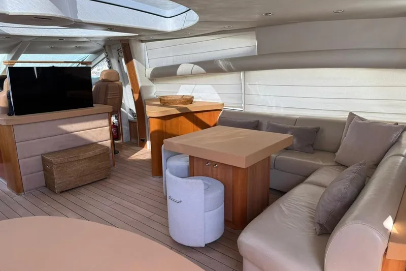  Yacht Photos Pics Luxurious interior of 2006 Sunseeker Predator 82 yacht with modern seating and entertainment area.