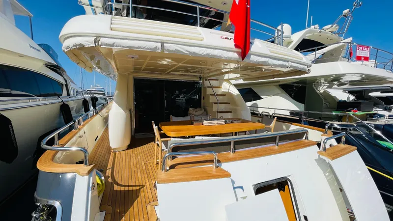  Yacht Photos Pics Luxury Canados 76 yacht, 2016 model, featuring elegant outdoor dining area and sleek design.
