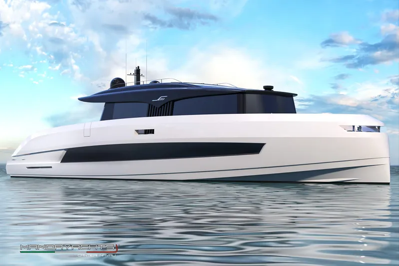  Yacht Photos Pics Futuristic 2025 MandaYachts S09 luxury yacht on calm water under a blue sky.