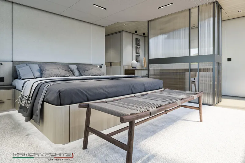  Yacht Photos Pics Luxurious bedroom interior on 2025 MandaYachts S09, featuring modern design and elegant furnishings.