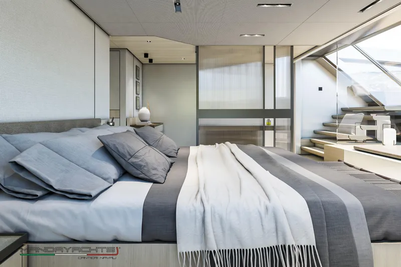  Yacht Photos Pics Luxurious MandaYachts S09 2025 bedroom interior with modern design and elegant decor.