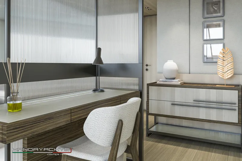  Yacht Photos Pics Modern interior of 2025 MandaYachts S09, featuring sleek desk and elegant decor.