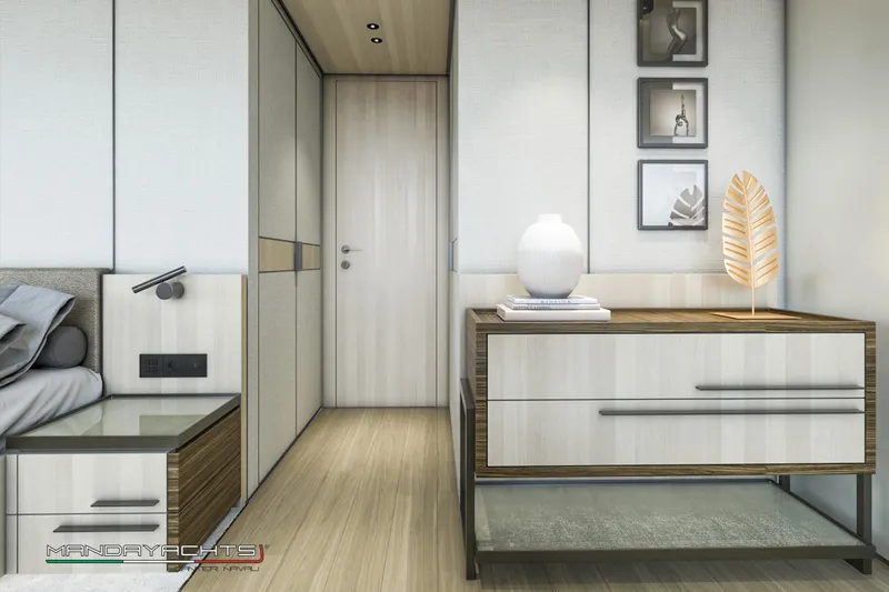  Yacht Photos Pics Modern interior of MandaYachts S09, 2025 model, featuring sleek furniture and elegant decor.