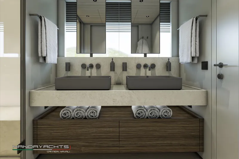  Yacht Photos Pics Modern bathroom interior on MandaYachts S09, 2025 model, featuring dual sinks and elegant design.