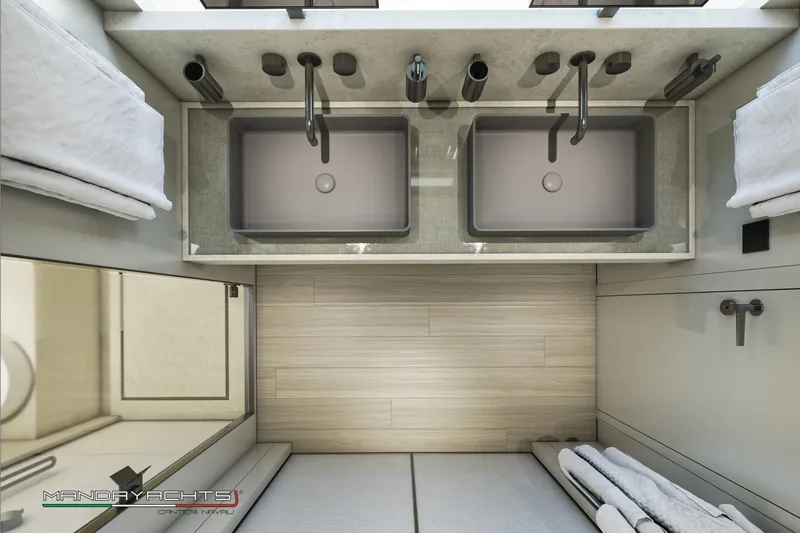  Yacht Photos Pics Modern bathroom with dual sinks on MandaYachts S09, 2025 model. Luxurious design and fixtures.