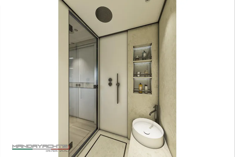  Yacht Photos Pics Modern bathroom interior of 2025 MandaYachts S09, featuring sleek design and luxury amenities.