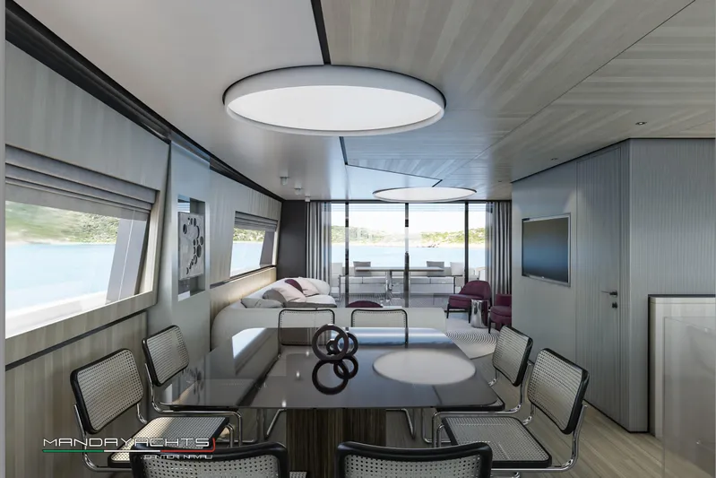  Yacht Photos Pics Luxurious interior of 2025 MandaYachts S09, featuring modern dining and living area with scenic views.