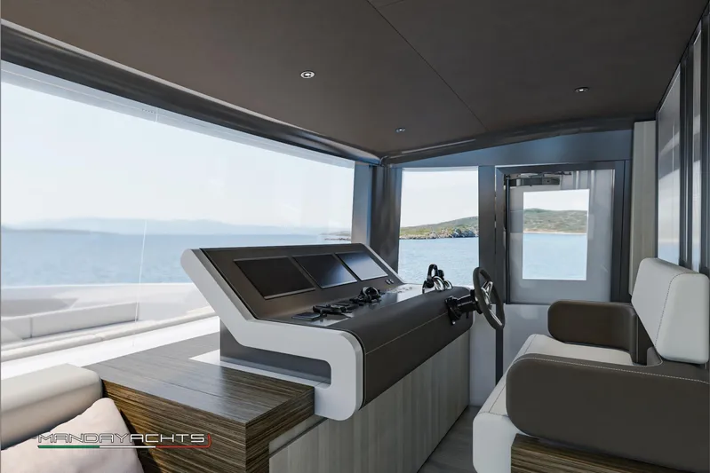  Yacht Photos Pics Modern interior of 2025 MandaYachts S09, featuring sleek helm and panoramic sea view.
