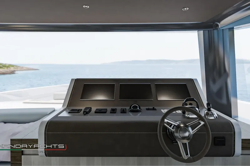  Yacht Photos Pics 2025 MandaYachts S09 helm with modern controls and panoramic sea view.