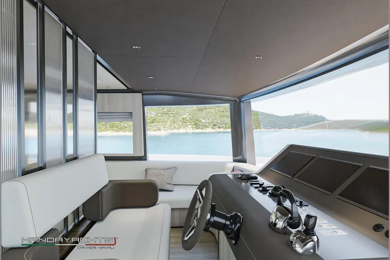  Yacht Photos Pics Interior of 2025 MandaYachts S09, featuring modern helm and panoramic windows overlooking serene waters.