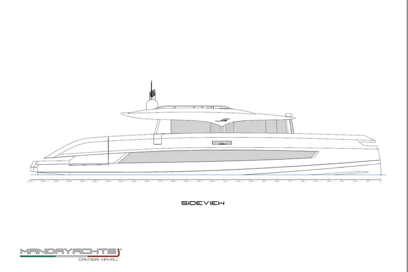  Yacht Photos Pics Side view blueprint of 2025 MandaYachts S09 model, showcasing sleek design and modern features.