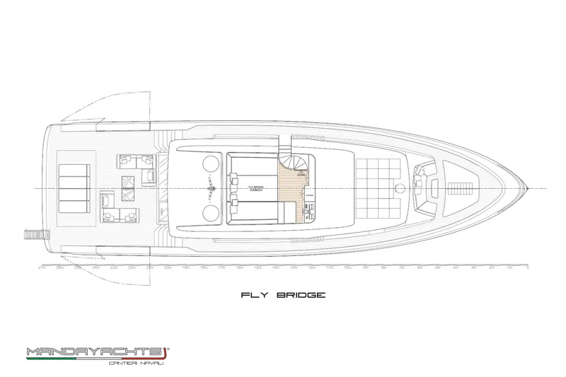  Yacht Photos Pics Blueprint of 2025 MandaYachts S09 flybridge layout, showcasing detailed design elements.