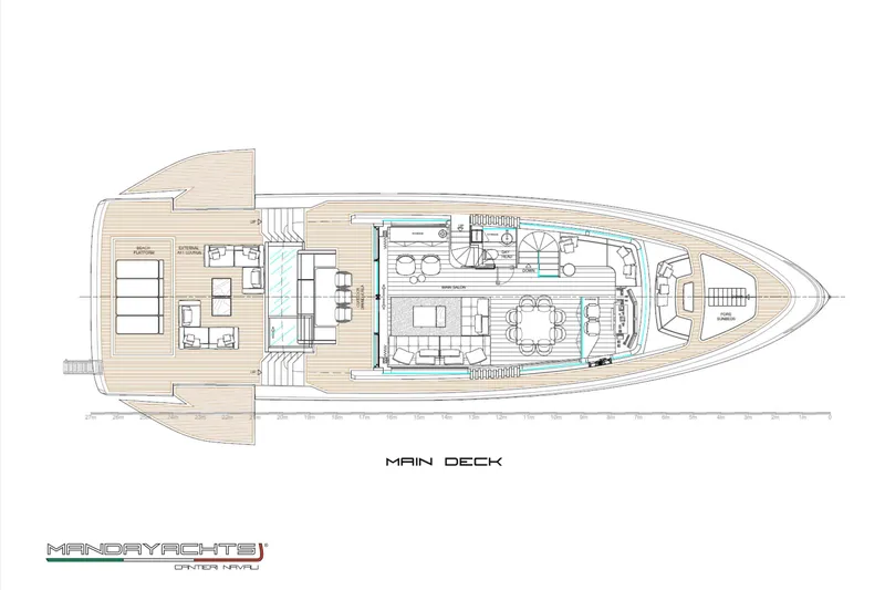  Yacht Photos Pics Main deck layout of 2025 MandaYachts S09, featuring spacious seating and dining areas.