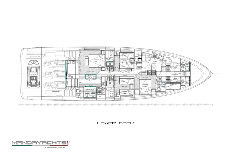  Yacht Photos Pics Lower deck layout of 2025 MandaYachts S09, featuring cabins and engine room.