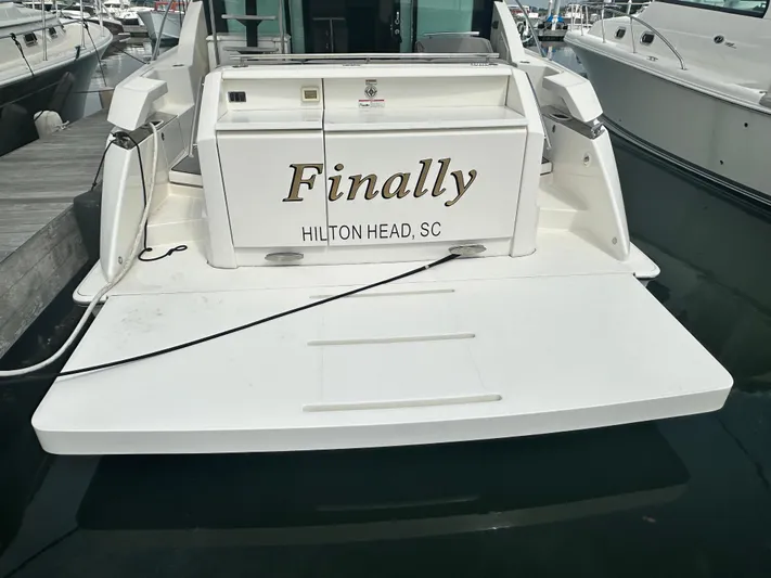 Finally Yacht Photos Pics 2021 Tiara Yachts F44 Flybridge docked, named "Finally," Hilton Head, SC.