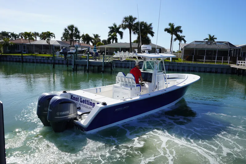 Knot Letting Go Yacht Photos Pics 2005 Regulator 32 boat on calm water with palm trees in the background.