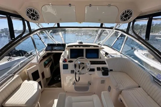  Yacht Photos Pics 2008 Grady-White Express 330 boat interior with helm, seating, and navigation equipment.