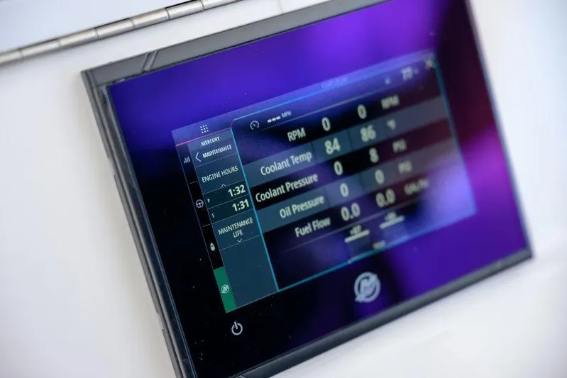  Yacht Photos Pics Digital display panel on 2025 SeaVee 320B boat showing engine metrics.