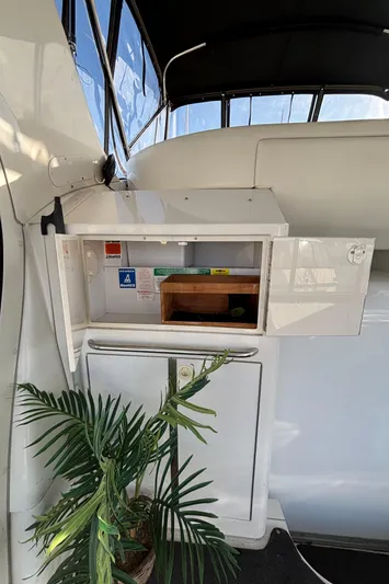 Busy Living Yacht Photos Pics 2001 Carver 396 Aft Cabin MY interior with open cabinet and potted plant.